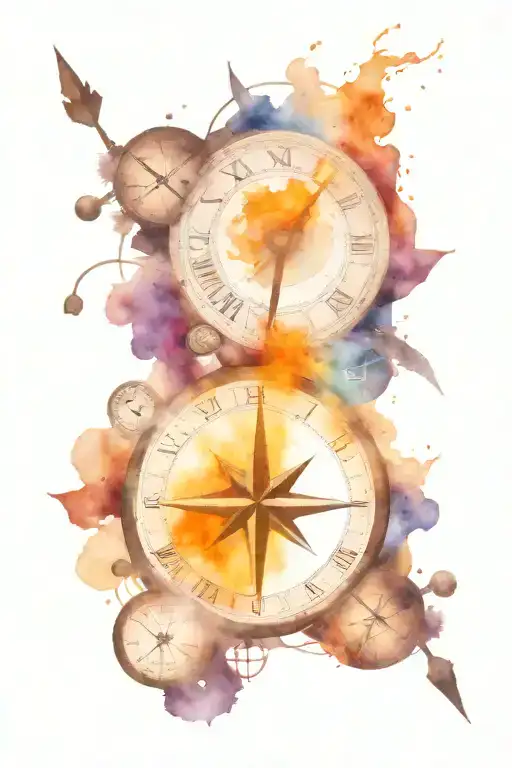 Compass with directions, clock with roman numbers, surrounded my music notes, planets orbiting tattoo design idea