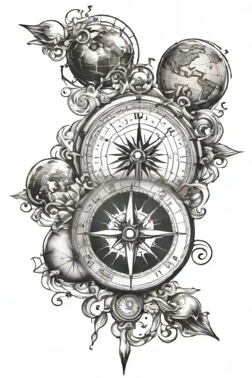 Compass surrounded my music notes, planets orbiting tattoo design idea
