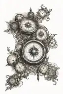 Compass with directions, clock with roman numbers, surrounded my music notes, planets orbiting tattoo design idea
