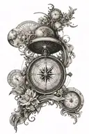 Compass with directions, clock with roman numbers, surrounded my music notes, planets orbiting tattoo design idea