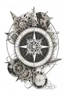 Compass with directions, surrounded my music notes, planets orbiting tattoo design idea