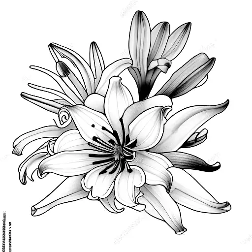 a bouquet of lily, chrysanthemum, holly berry and narcissus tattoo design idea