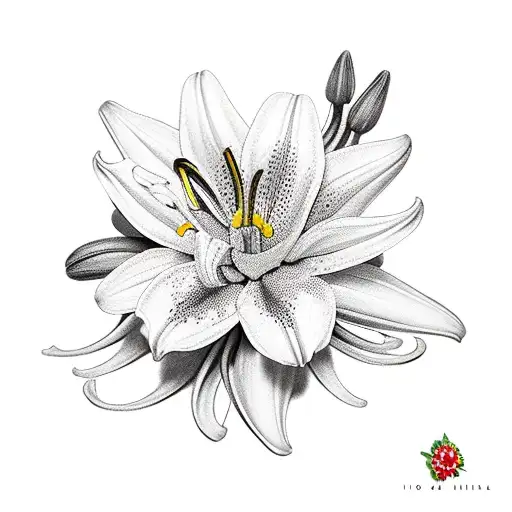 a bouquet of lily, chrysanthemum, holly berry and narcissus tattoo design idea