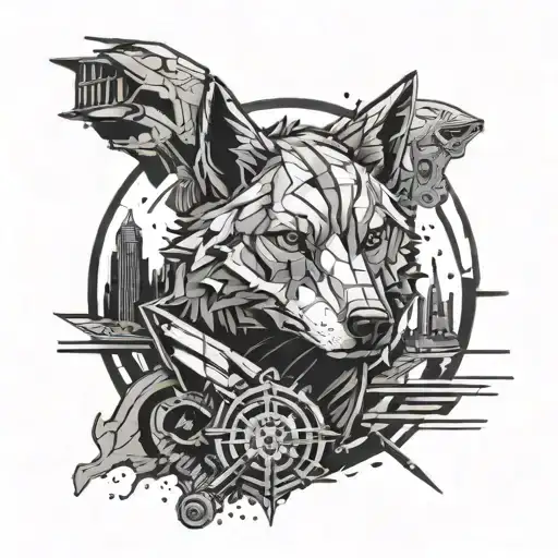 An abstract design combining elements of Star Wars, anime, and Marvel with a wolf silhouette in the center tattoo design idea