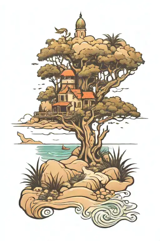 a beach landscape with posiedon spine tattoo design idea