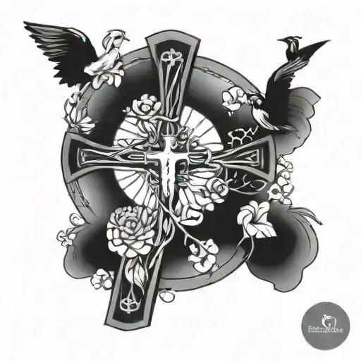 jesus cross flowers butterflies doves and sunrise tattoo design idea