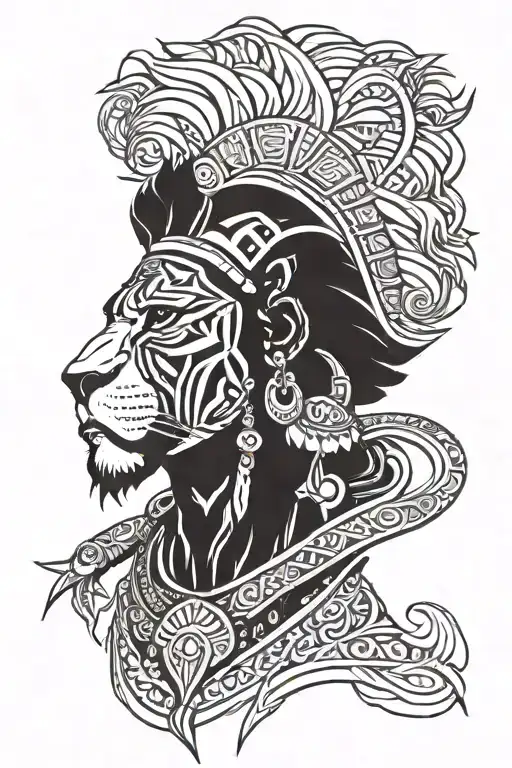 African warrior with lion head   tattoo design idea