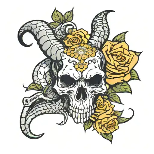 bull skull snake in one eye yellow rose in other eye  tattoo design idea