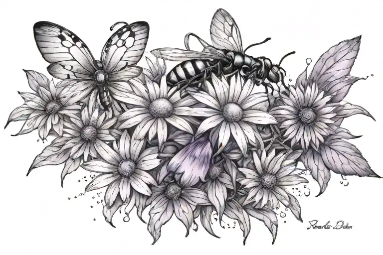 fireflies and purple daisies tattoo design idea