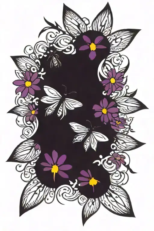 fireflies and purple daisies tattoo design idea