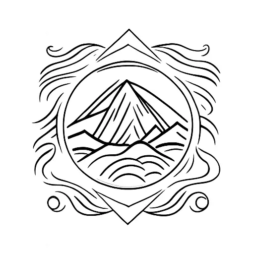 square, sea, mountains, sun tattoo design idea