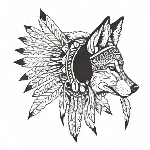 Native American woman wearing wolf headdress tattoo design idea