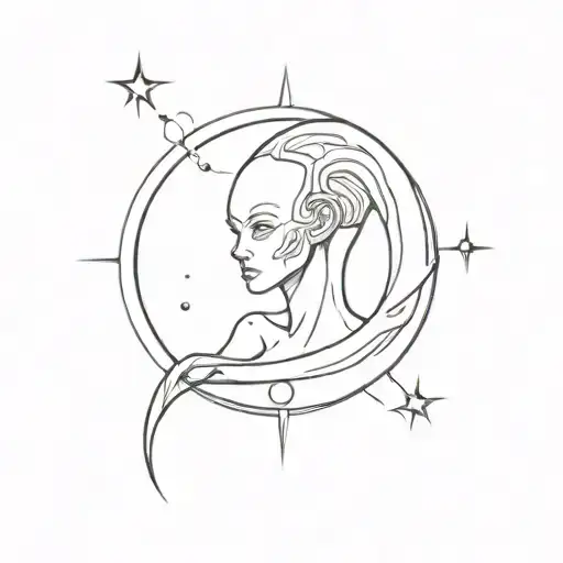 A black-grey tattoo of an elegant alien queen ruling over a star system tattoo design idea