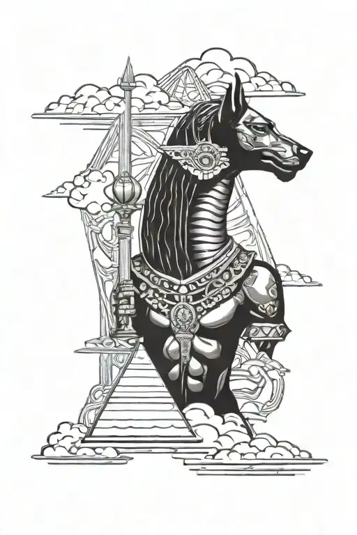 piramides, clouds surrounding, anubis, libra scale,  tattoo design idea
