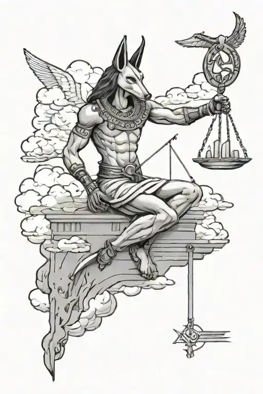 anubis holding the balance, libra sign, clouds, tattoo design idea