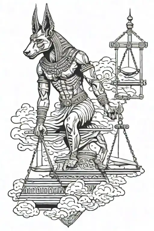 anubis holding the balance, libra scale, clouds, piramides in de back  tattoo design idea