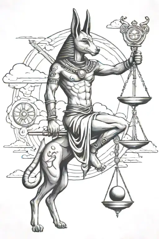 anubis holding the balance, libra sign, clouds, tattoo design idea