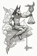 anubis holding the balance, libra sign, clouds, tattoo design idea