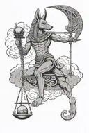 anubis holding the balance, libra sign, clouds, tattoo design idea