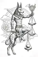 anubis holding the balance, libra sign, clouds, tattoo design idea