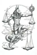 anubis holding the balance, libra sign, clouds, tattoo design idea