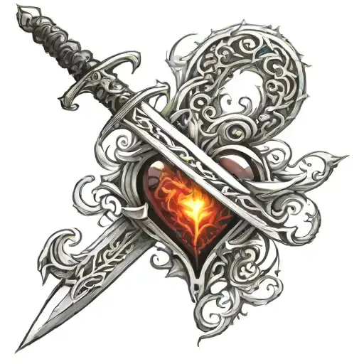 Heart fire sword tattoo design idea