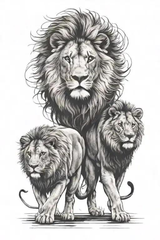black and grey forearm tattoo with a lion looking down on a father and son walking  tattoo design idea