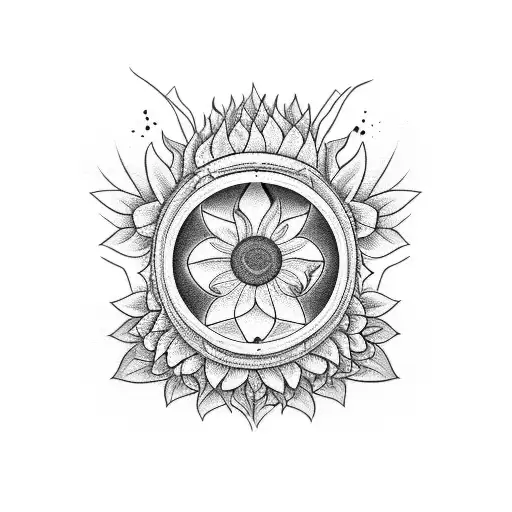 hourglass combined with infinite sign and sunflower in the background tattoo design idea