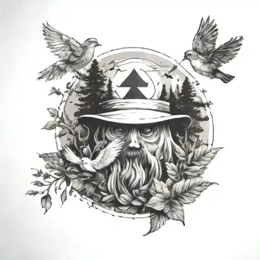 A rock music inspired tattoo with a nurse's hat incorporated into the design, surrounded by nature elements like trees and birds tattoo design idea