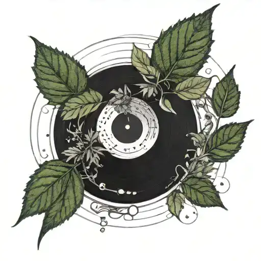 An intricate weed plant growing out of a vinyl record tattoo design idea