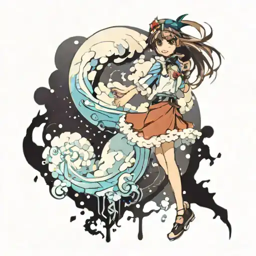 An anime epic girl standing tall and powerful on the edge of a floating crystal plateau, surrounded by swirling clouds o tattoo design idea