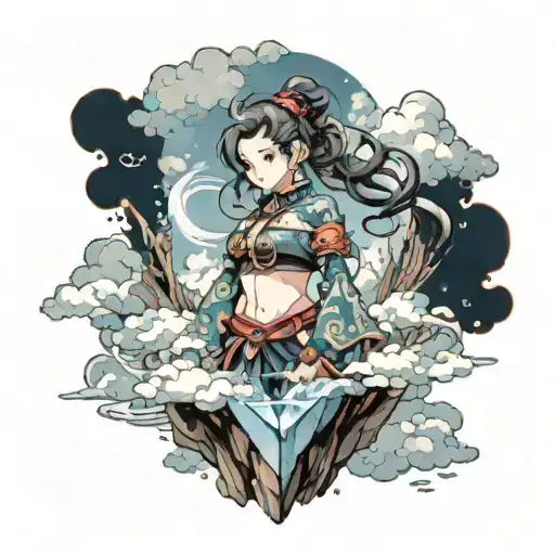 An anime epic girl standing tall and powerful on the edge of a floating crystal plateau, surrounded by swirling clouds o tattoo design idea