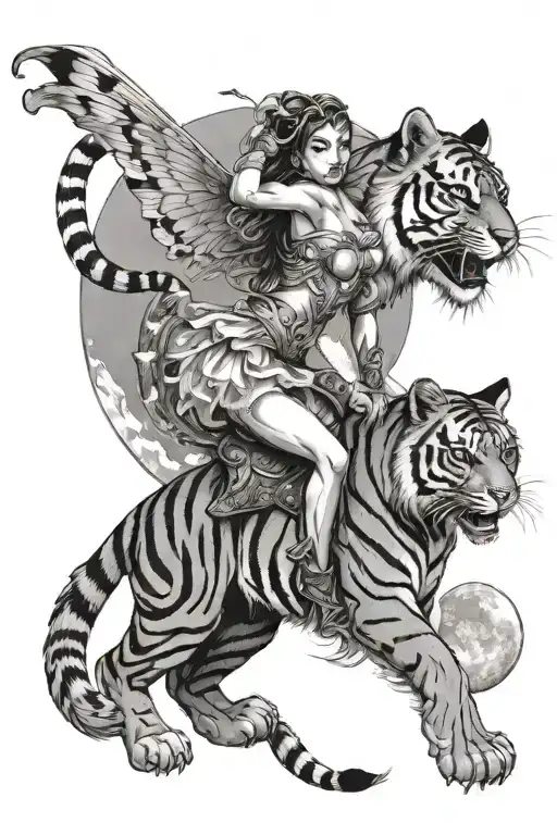 A mystical fairy riding on the back of a majestic tiger under the light of a full moon tattoo design idea