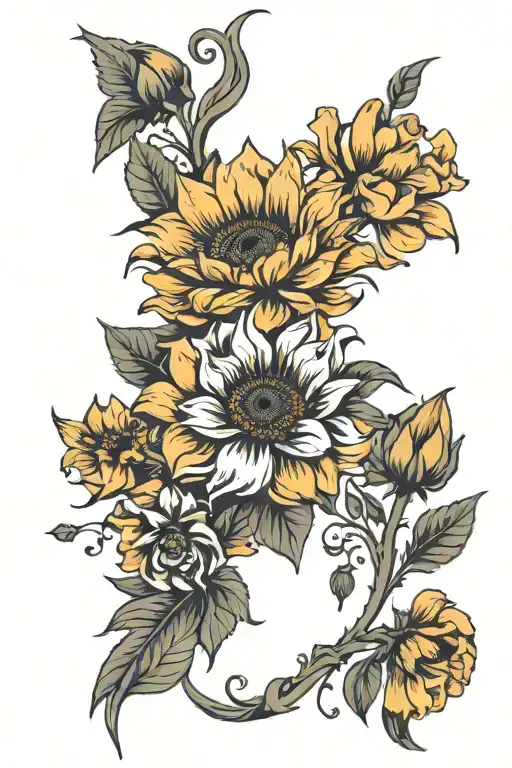 sunflower and California poppy sleeve  tattoo design idea