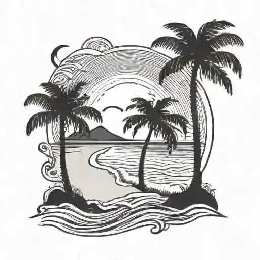 A serene beach scene in Fiji with palm trees and waves in blackwork style tattoo design idea