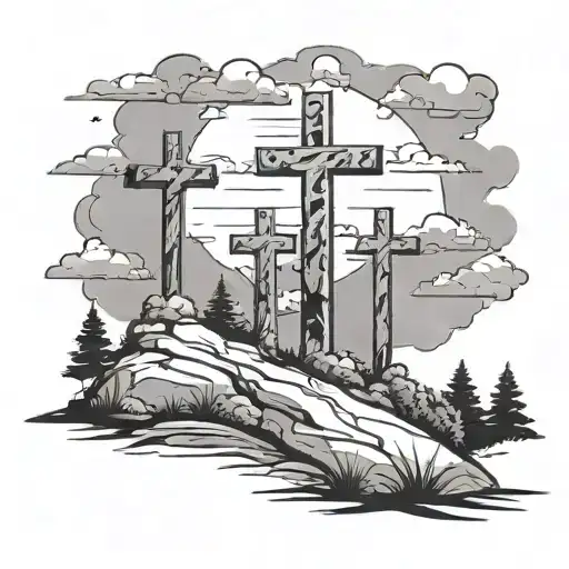 three crosses on a hill with clouds black tattoo design idea
