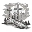 three crosses on a hill with clouds black tattoo design idea