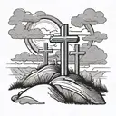 three crosses on a hill with clouds black tattoo design idea