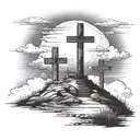three crosses on a hill with clouds black tattoo design idea