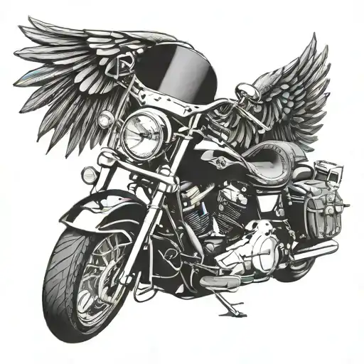 Incorporate a Harley Davidson motorcycle with aviator wings in a blackwork style tattoo tattoo design idea