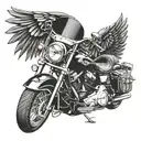 Incorporate a Harley Davidson motorcycle with aviator wings in a blackwork style tattoo tattoo design idea