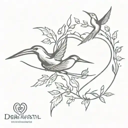 A minimalist tattoo of a heart made of leaves, with swallows flying away carrying the names 'Heather' and 'Debrah' tattoo design idea