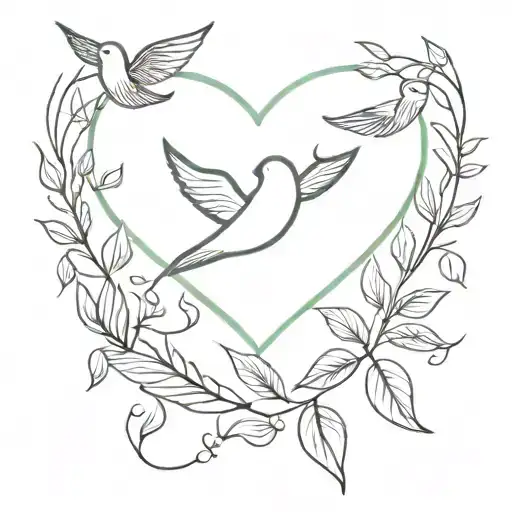 A minimalist tattoo of a heart made of leaves, with swallows flying away carrying the names 'Heather' and 'Debrah' tattoo design idea