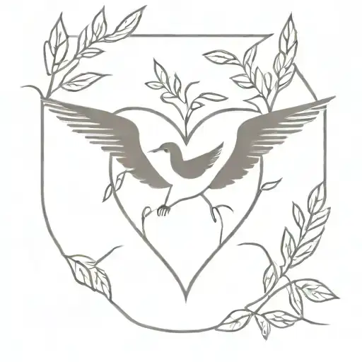 A minimalist tattoo of a heart made of leaves, with swallows flying away carrying the names 'Heather' and 'Debrah' tattoo design idea