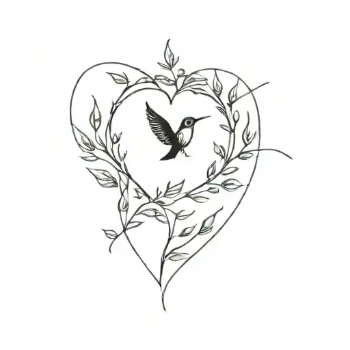 A minimalist tattoo of a heart made of leaves, with swallows flying away carrying the names 'Heather' and 'Debrah' tattoo design idea