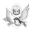 robin bird with wings wrapped around a boy and a girl tattoo design idea