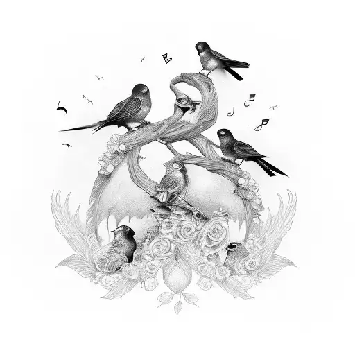 A black-grey tattoo of a family of birds perched on a guitar, representing the client's love for family, music, and nature tattoo design idea