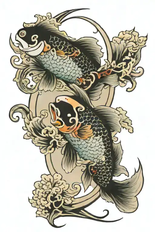 Right arm, full sleeve tattoo color with Pisces fish positioned on lower forearm front and back like Ying yang in the mi tattoo design idea