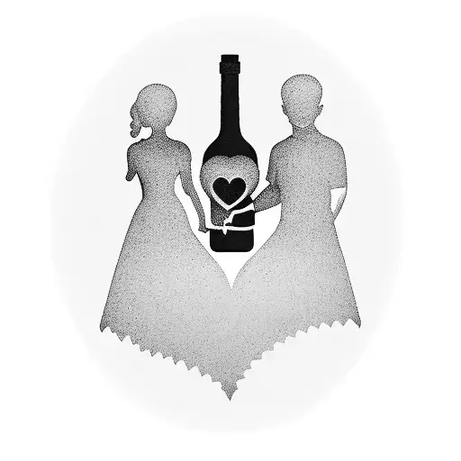 A silhouette of a family holding hands with a heart-shaped wine bottle in the background tattoo design idea