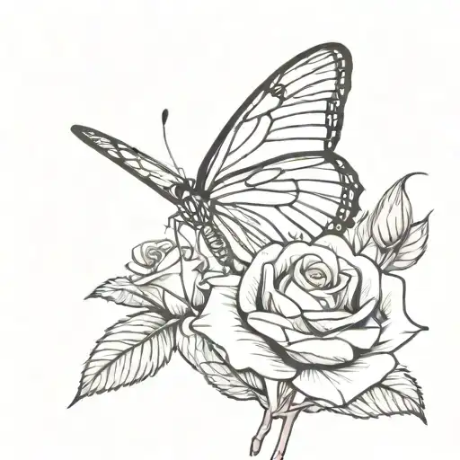 can you make a tattoo drawing about a butterfly standing in a yet to bloom rose bold line style minimalistic tattoo design idea